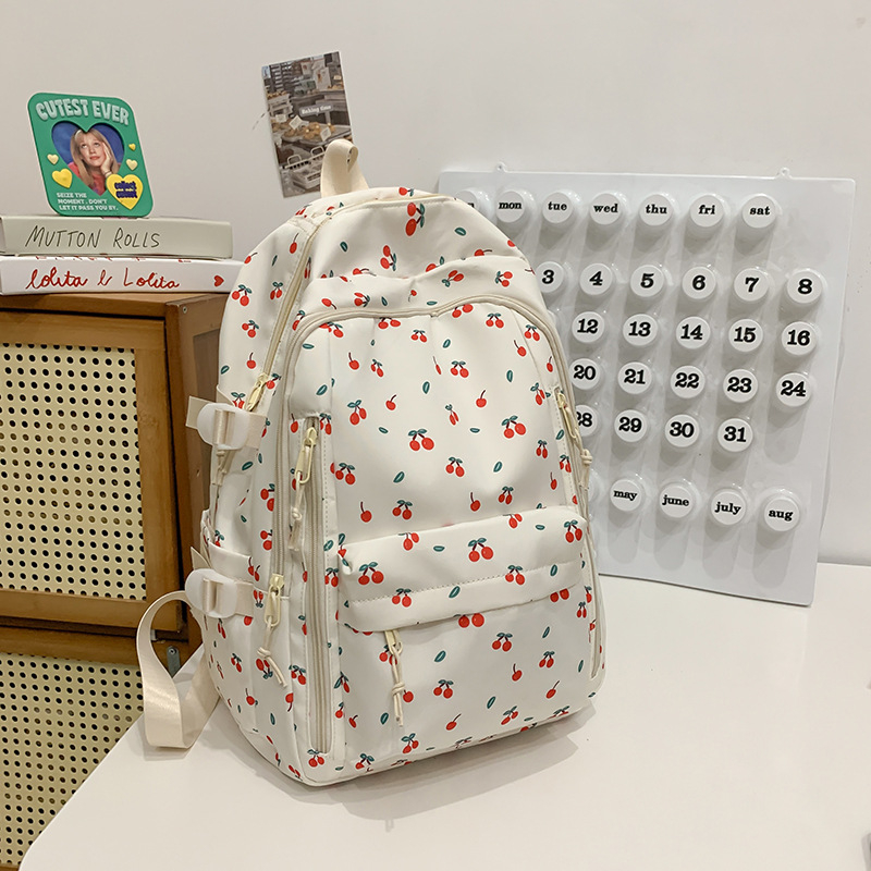 Dámsky batoh v štýle kolégia, kvetinový vzor, nylon, objem 20–35 L, vhodný pre 14-palcový notebook, zakrivené ramenné popruhy