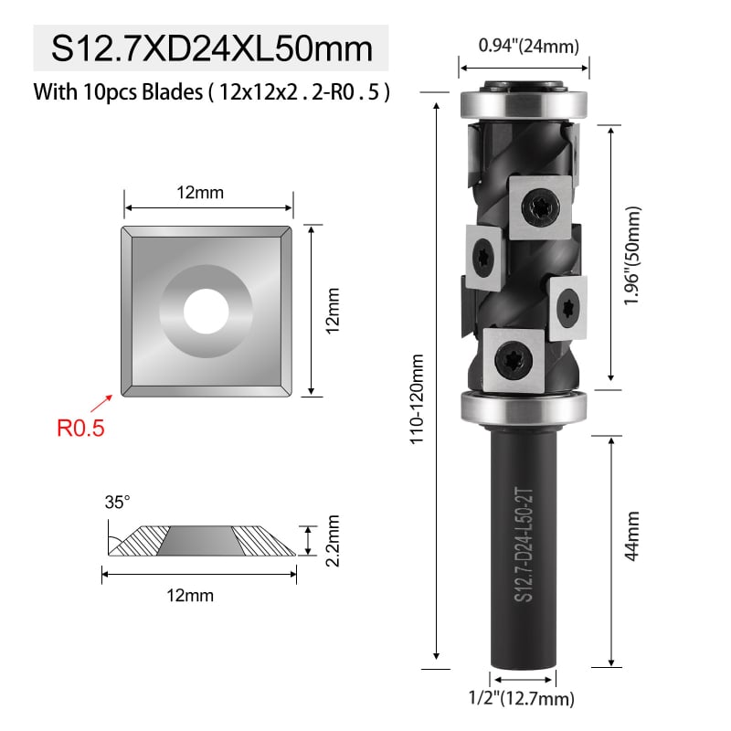 Frez za drvo s gornjim i donjim ležajem, spiralna oštrica, zamjenjiva oštrica, šaft 12,7 mm