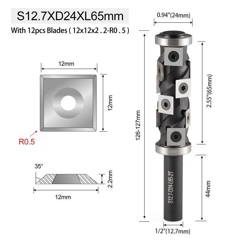Frez za drvo s gornjim i donjim ležajem, spiralna oštrica, zamjenjiva oštrica, šaft 12,7 mm
