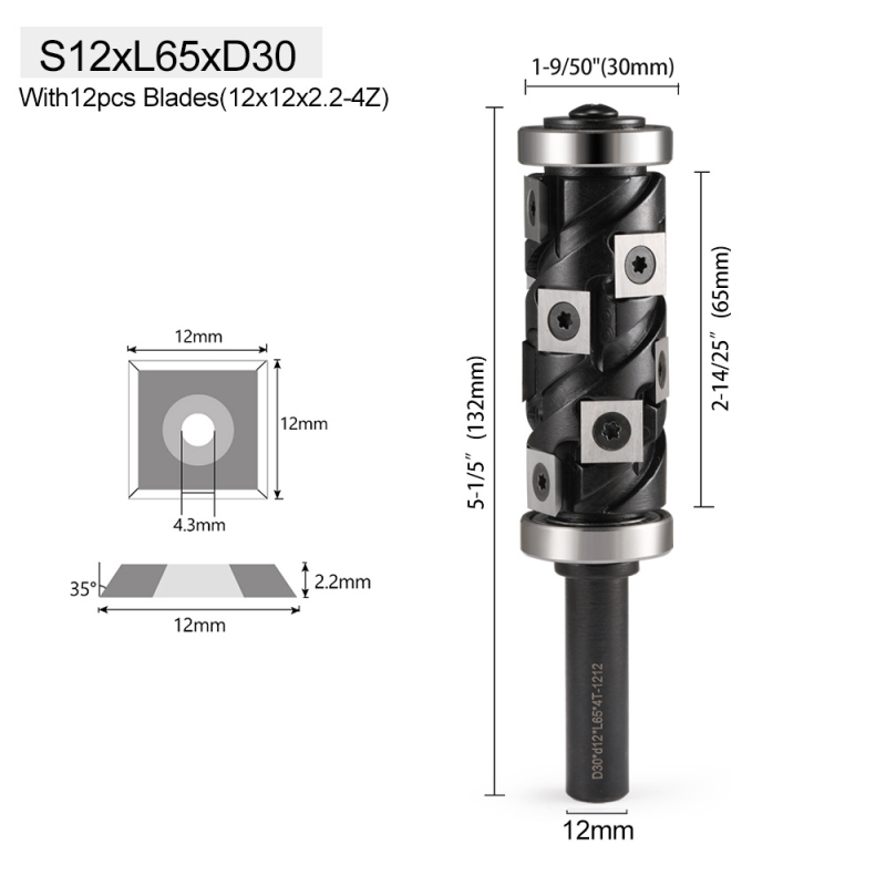 Frez za drvo s gornjim i donjim ležajem, spiralna oštrica, zamjenjiva oštrica, šaft 12,7 mm