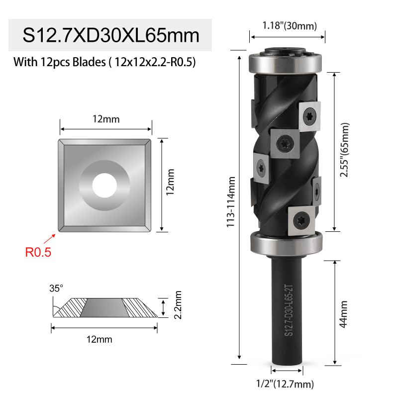 Frez za drvo s gornjim i donjim ležajem, spiralna oštrica, zamjenjiva oštrica, šaft 12,7 mm