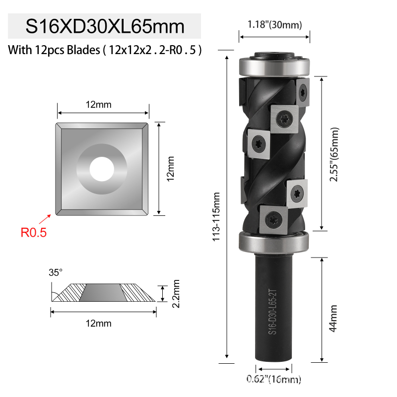 Frez za drvo s gornjim i donjim ležajem, spiralna oštrica, zamjenjiva oštrica, šaft 12,7 mm