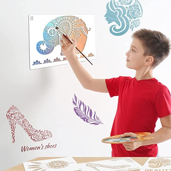 PET šablons ar retro ziedu rakstu, piemērots aerosolu krāsošanai un DIY sienu dekorēšanai, ar dobām izgriezumiem