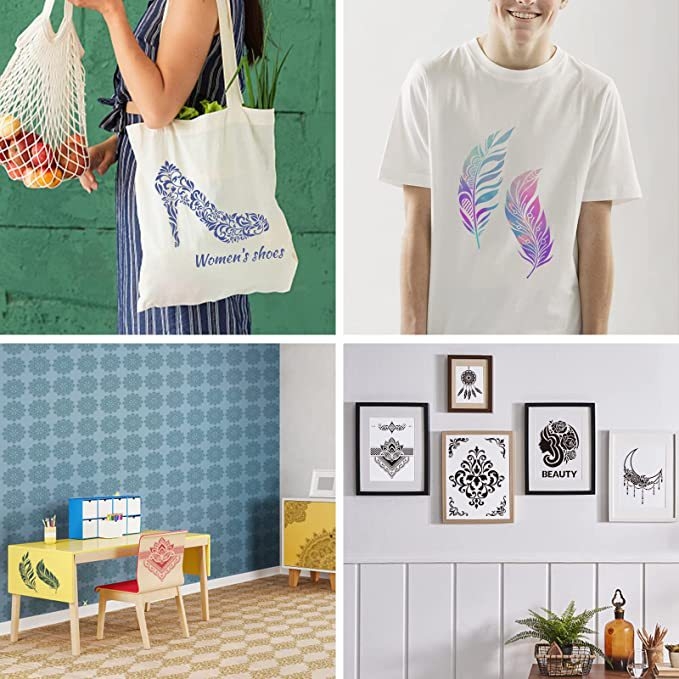 PET šablons ar retro ziedu rakstu, piemērots aerosolu krāsošanai un DIY sienu dekorēšanai, ar dobām izgriezumiem