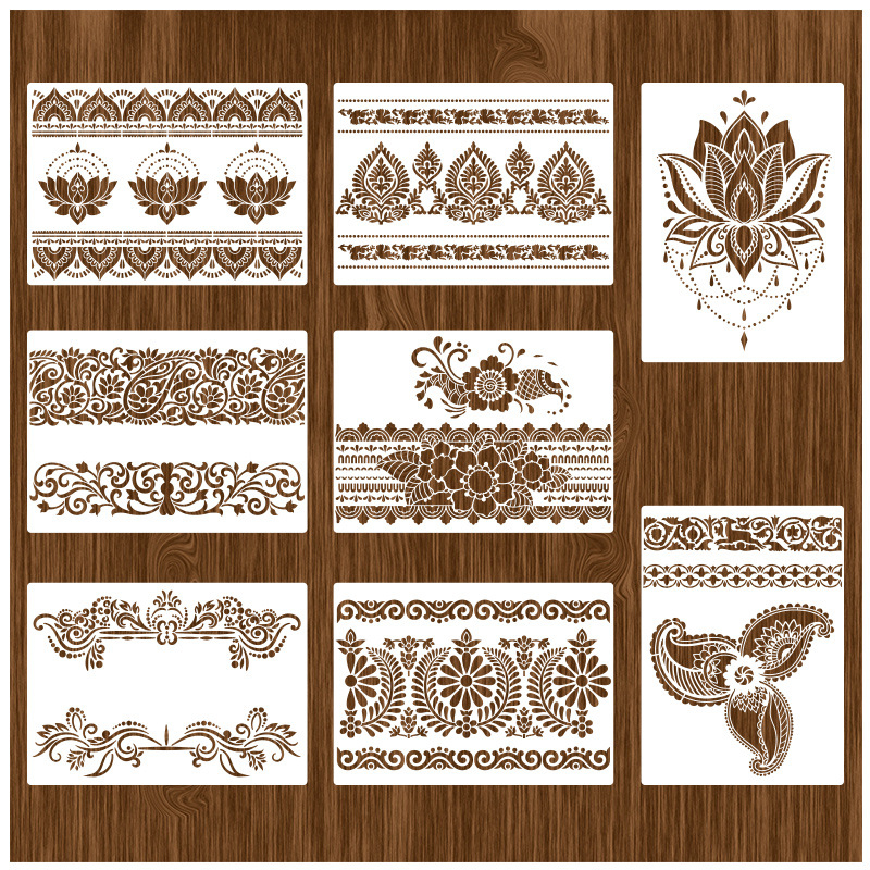 PET šablons ar retro ziedu rakstu, piemērots aerosolu krāsošanai un DIY sienu dekorēšanai, ar dobām izgriezumiem