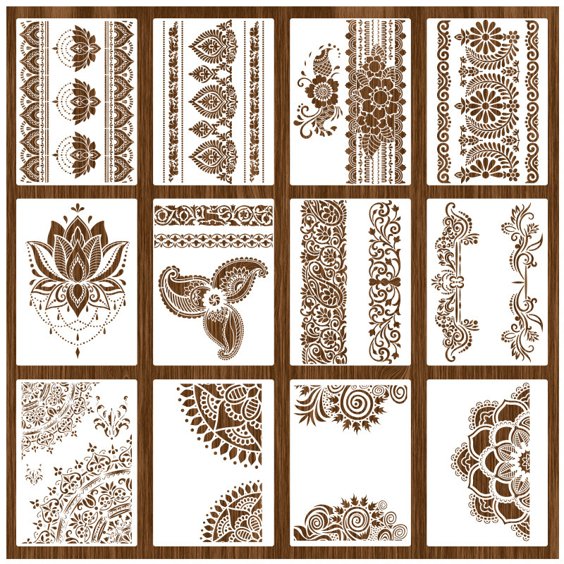 PET šablons ar retro ziedu rakstu, piemērots aerosolu krāsošanai un DIY sienu dekorēšanai, ar dobām izgriezumiem