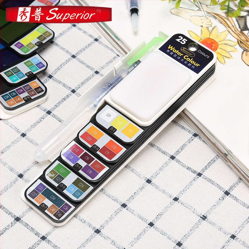 Комплект твърд гуаш със сгъваема прозрачна палитра във форма на фен, в кутия, за акварел, капацитет 5