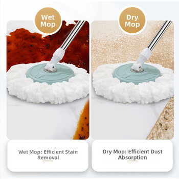 Κάδος για σφουγγάρι με αυτόματο στύψιμο και περιστρεφόμενο μηχανισμό, κεφαλή από μικροΐνες, τηλεσκοπικός κοντάρι 90–120 cm, ράβδος από ανοξείδωτο ατσάλι, φόρτος >10 kg, απόδοση στύψιματος 80–90%