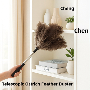 Četka za prašinu s perju strutsa, plosna glava, teleskopska cijev od nehrđajućeg čelika i drvena drška