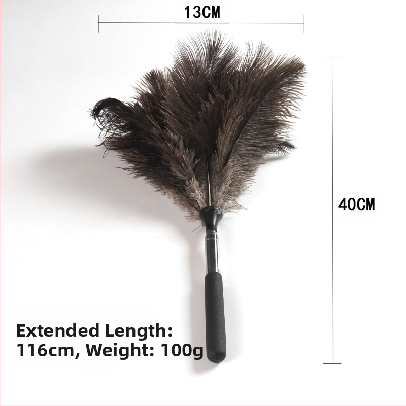 Прахоудържач от пера на щраус, плоска глава, телескопичен прът от неръждаема стомана и дървена дръжка