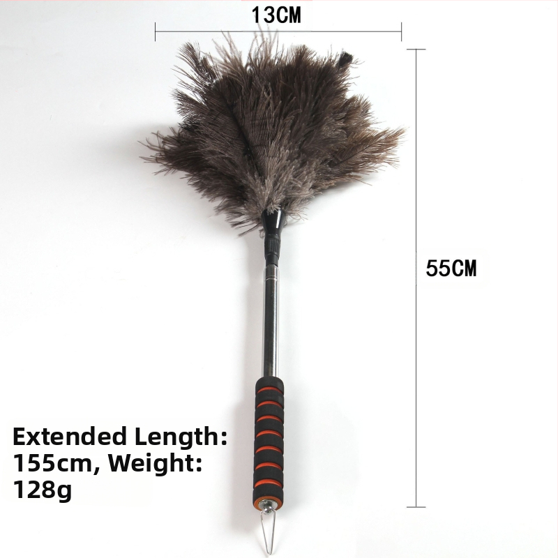 Прахоудържач от пера на щраус, плоска глава, телескопичен прът от неръждаема стомана и дървена дръжка