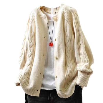 Debeli vuneni kardigan s okruglim ovratnikom, 3D uzorak, ležerni kroj, duge rukave, japansko-korejski stil za jesen/zimu