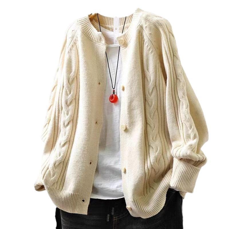 Debeli vuneni kardigan s okruglim ovratnikom, 3D uzorak, ležerni kroj, duge rukave, japansko-korejski stil za jesen/zimu