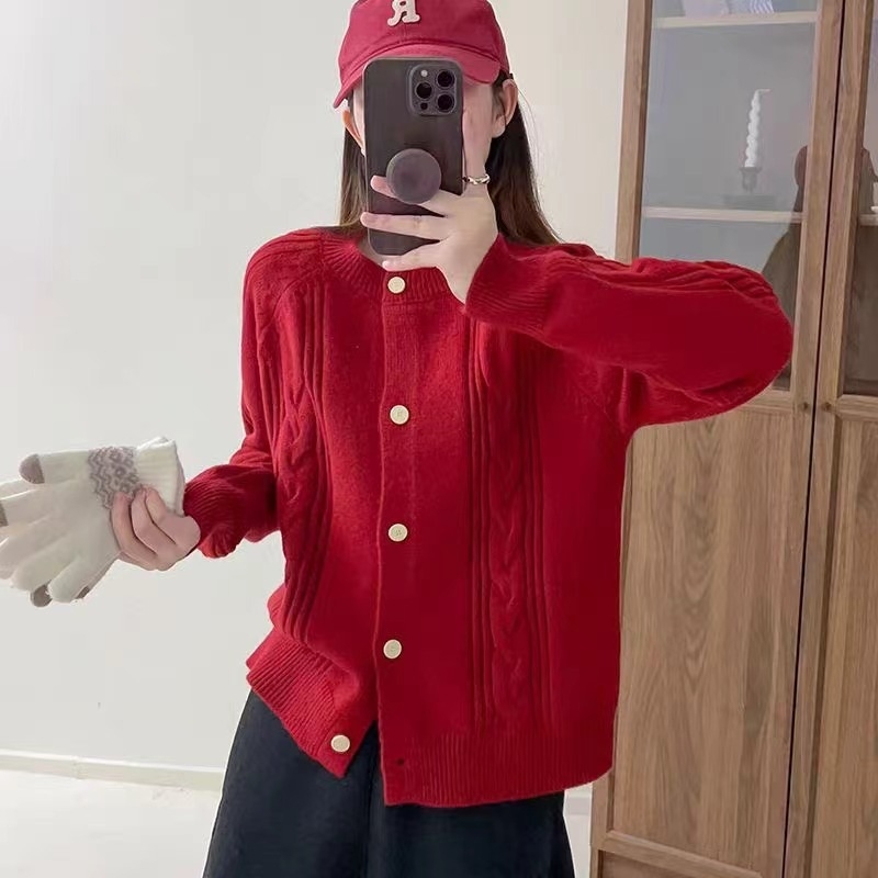 Debeli vuneni kardigan s okruglim ovratnikom, 3D uzorak, ležerni kroj, duge rukave, japansko-korejski stil za jesen/zimu