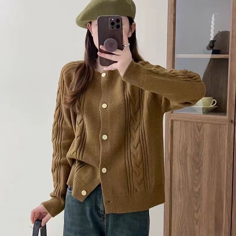 Debeli vuneni kardigan s okruglim ovratnikom, 3D uzorak, ležerni kroj, duge rukave, japansko-korejski stil za jesen/zimu