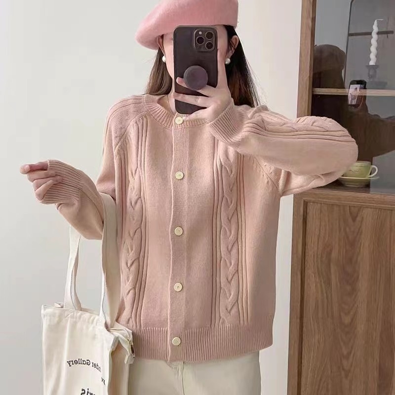 Debeli vuneni kardigan s okruglim ovratnikom, 3D uzorak, ležerni kroj, duge rukave, japansko-korejski stil za jesen/zimu