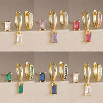 Geometrijski bakreni naušnićki set s pravokutnim cirkonima, mikro ugradnja cirkona, elektroplatinirani završetak