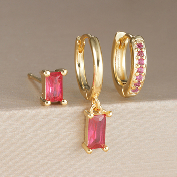 Σετ γεωμετρικά σκουλαρίκια από χαλκό με ορθογώνια ζιρκόνια, μικροενθέσεις ζιργονίων, ηλεκτροπλατιωμένο φινίρισμα