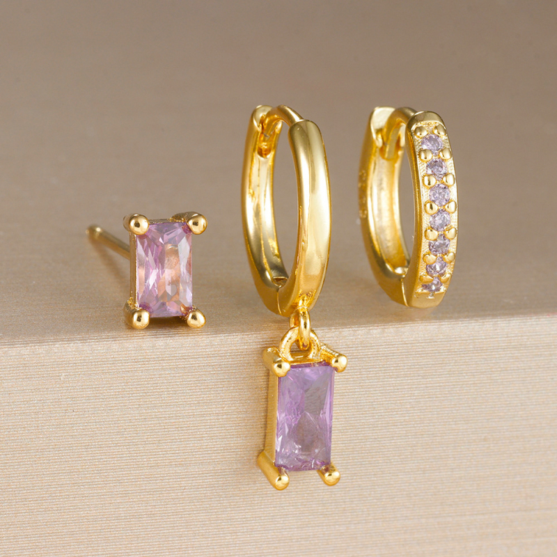 Geometrijski bakreni naušnićki set s pravokutnim cirkonima, mikro ugradnja cirkona, elektroplatinirani završetak