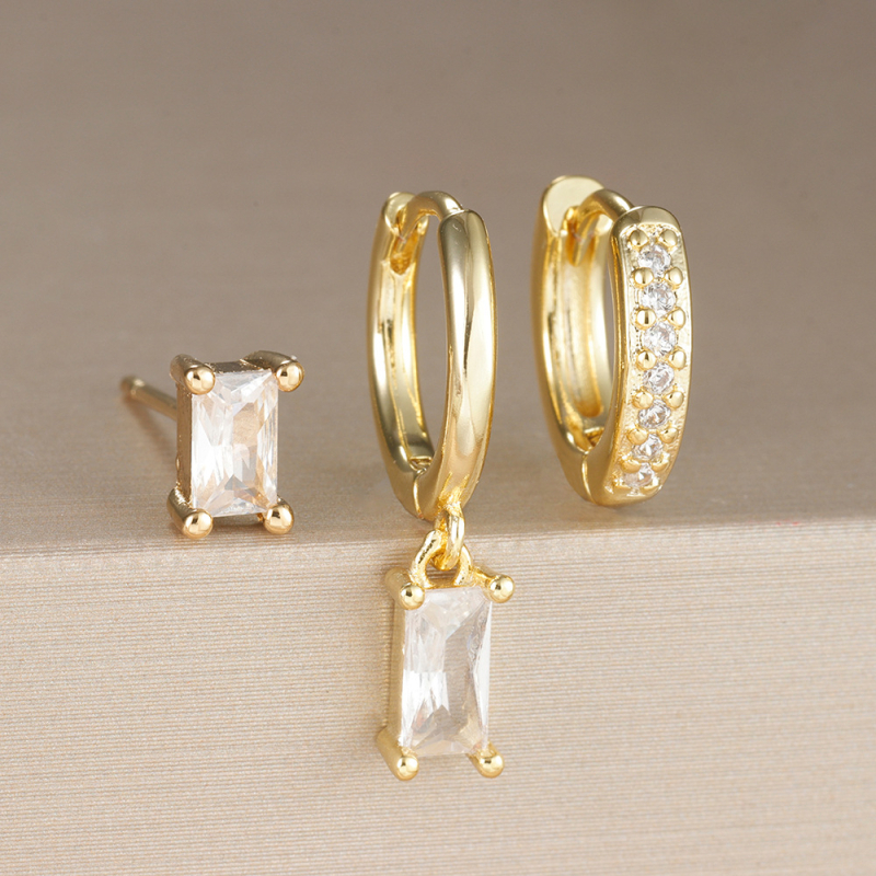 Geometrijski bakreni naušnićki set s pravokutnim cirkonima, mikro ugradnja cirkona, elektroplatinirani završetak