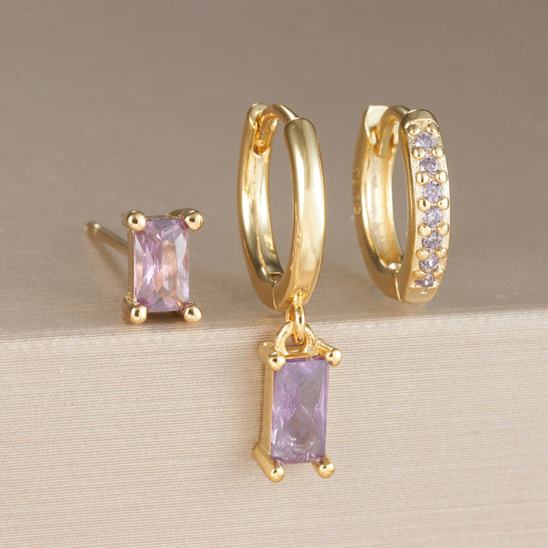 Geometrijski bakreni naušnićki set s pravokutnim cirkonima, mikro ugradnja cirkona, elektroplatinirani završetak