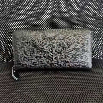 Мъжки дълъг портфейл-клатч от естествена кожа, първокласна телешка кожа, 1 сгъвка, градски стил, едноцветен дизайн, вътрешни прегради, подплата от полиестер