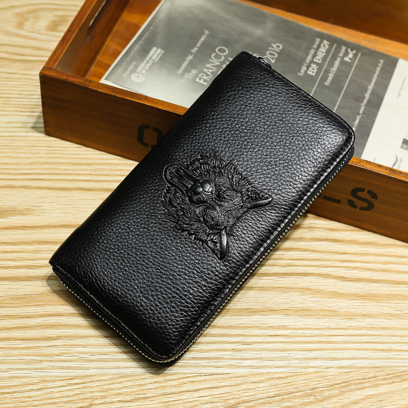 Muški dugi novčanik-klutch od prave kože, prva sloja teleća koža, 1 preklop, gradski stil, jednobojni uzorak, unutarnje pregrade od poliestera