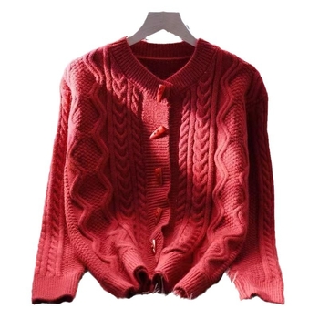 Кардиган с копчета от рога, корейски стил, свободен силует, дълги ръкави, кръгло деколте