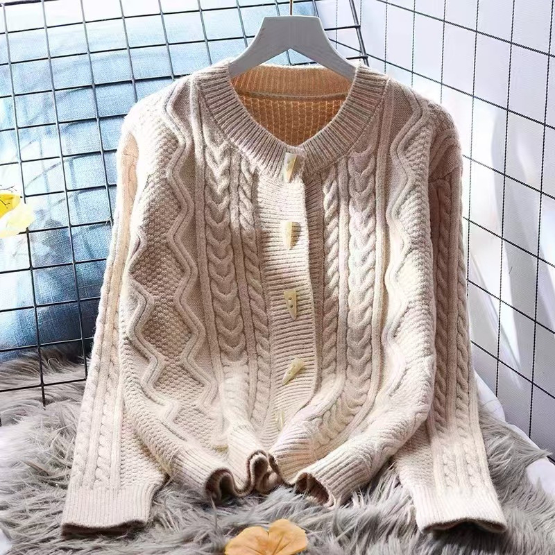 Кардиган с копчета от рога, корейски стил, свободен силует, дълги ръкави, кръгло деколте