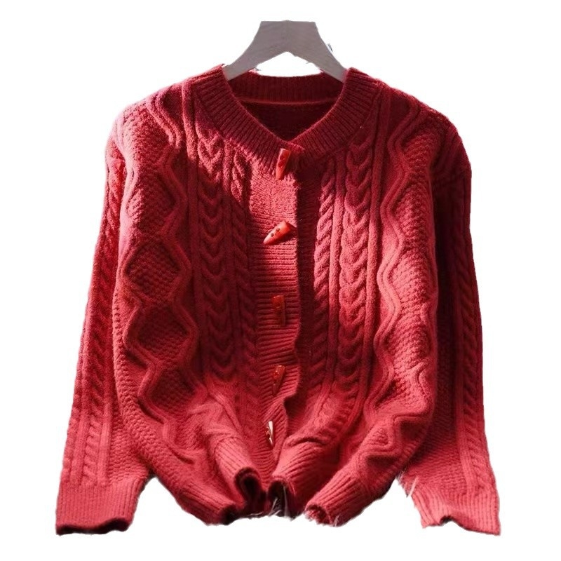 Кардиган с копчета от рога, корейски стил, свободен силует, дълги ръкави, кръгло деколте