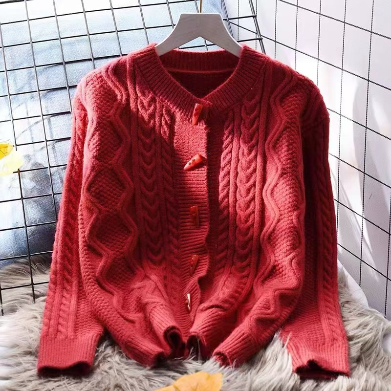 Кардиган с копчета от рога, корейски стил, свободен силует, дълги ръкави, кръгло деколте