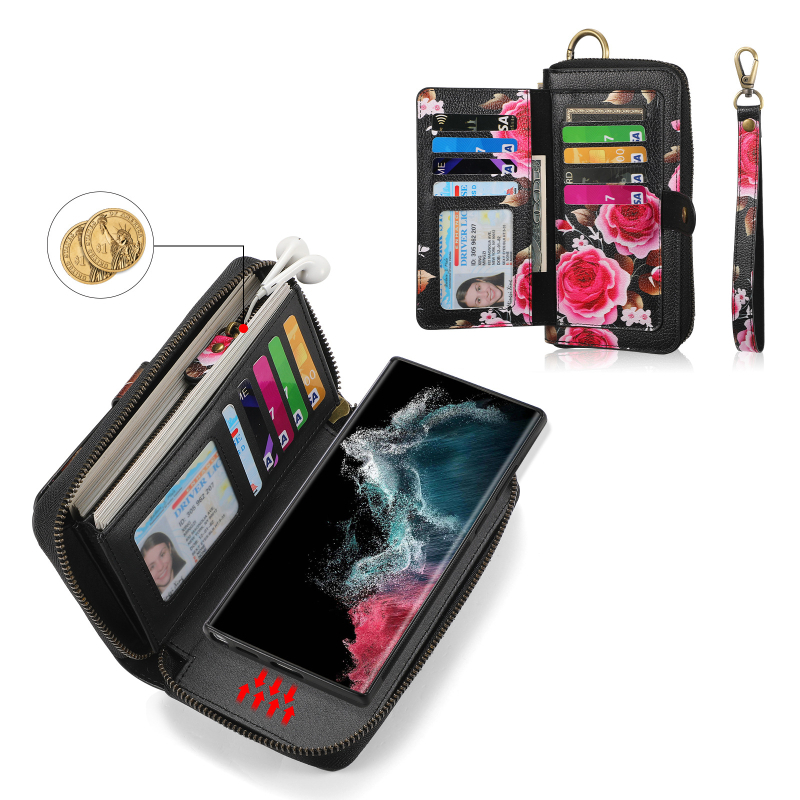 Ādas rāvējslēdzēja maciņš holster stilā Samsung Galaxy S24 Ultra un S22 — šokizturīgs, nodilumizturīgs, kritiena izturīgs, pirkstu nospiedumu aizsardzība