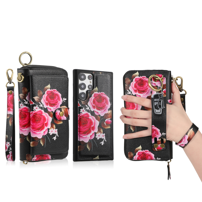 Ādas rāvējslēdzēja maciņš holster stilā Samsung Galaxy S24 Ultra un S22 — šokizturīgs, nodilumizturīgs, kritiena izturīgs, pirkstu nospiedumu aizsardzība