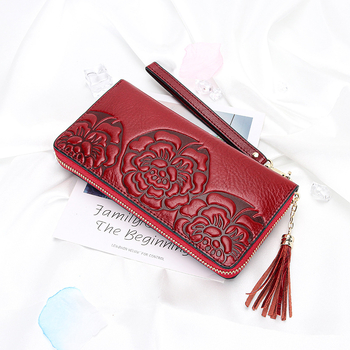 Ženski dugi kožni novčanik – koža prvog sloja, reljefni cvjetni uzorak, kineski stil, zatvarač, 1 preklop