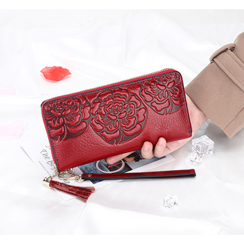 Ženski dugi kožni novčanik – koža prvog sloja, reljefni cvjetni uzorak, kineski stil, zatvarač, 1 preklop