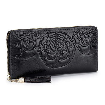 Ženski dugi kožni novčanik – koža prvog sloja, reljefni cvjetni uzorak, kineski stil, zatvarač, 1 preklop