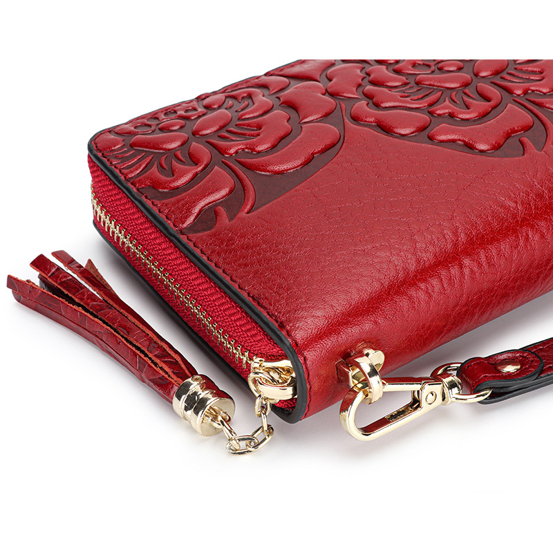 Ženski dugi kožni novčanik – koža prvog sloja, reljefni cvjetni uzorak, kineski stil, zatvarač, 1 preklop