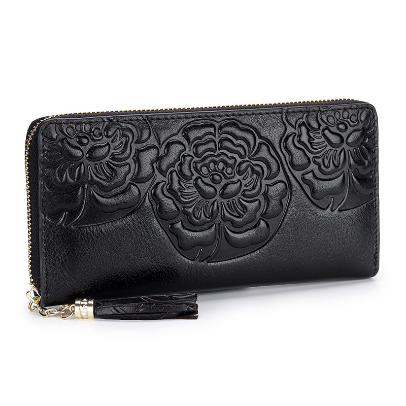 Ženski dugi kožni novčanik – koža prvog sloja, reljefni cvjetni uzorak, kineski stil, zatvarač, 1 preklop