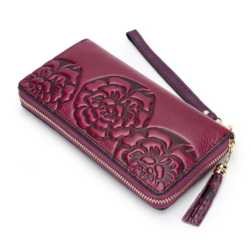 Ženski dugi kožni novčanik – koža prvog sloja, reljefni cvjetni uzorak, kineski stil, zatvarač, 1 preklop