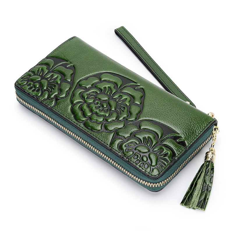 Ženski dugi kožni novčanik – koža prvog sloja, reljefni cvjetni uzorak, kineski stil, zatvarač, 1 preklop