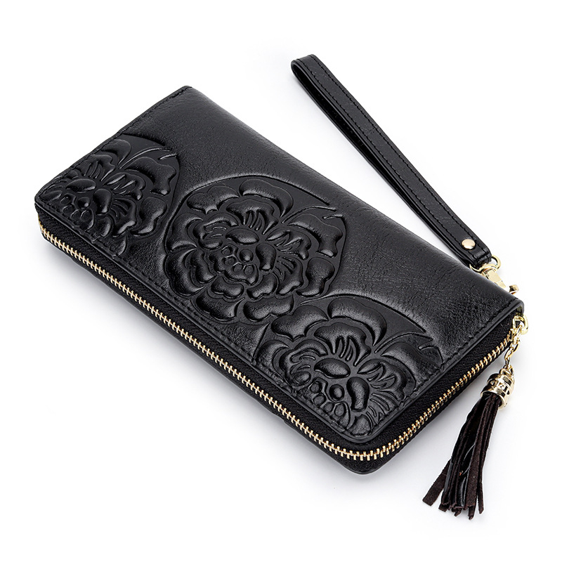 Ženski dugi kožni novčanik – koža prvog sloja, reljefni cvjetni uzorak, kineski stil, zatvarač, 1 preklop