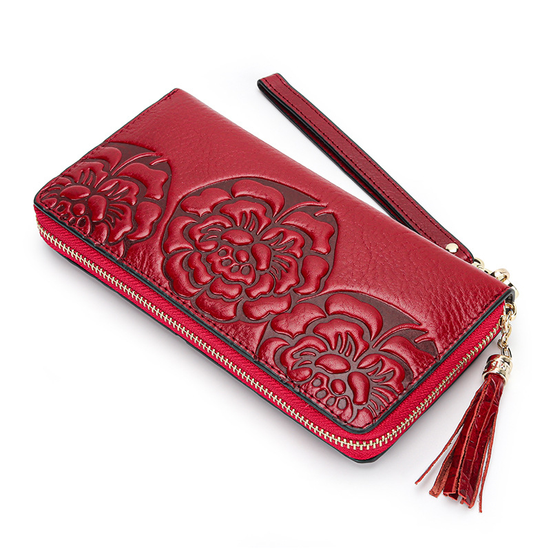 Ženski dugi kožni novčanik – koža prvog sloja, reljefni cvjetni uzorak, kineski stil, zatvarač, 1 preklop