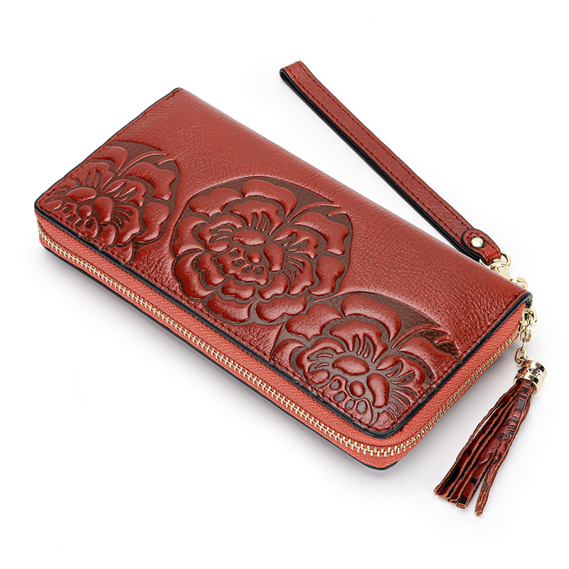 Ženski dugi kožni novčanik – koža prvog sloja, reljefni cvjetni uzorak, kineski stil, zatvarač, 1 preklop
