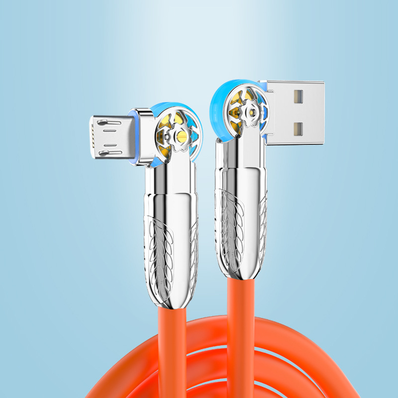 LED-es fényű forgó kábel, több interfésszel: Type-C / Lightning / Micro USB; szilikonból; gyors töltés; maximális teljesítmény 120