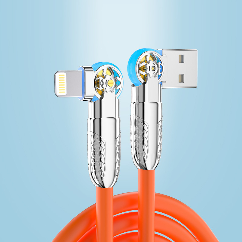 LED-es fényű forgó kábel, több interfésszel: Type-C / Lightning / Micro USB; szilikonból; gyors töltés; maximális teljesítmény 120