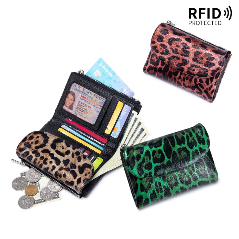Leopardų rašto RFID piniginė – pirmosios sluoksnio karvės odos, didelė talpa moterų rankinei