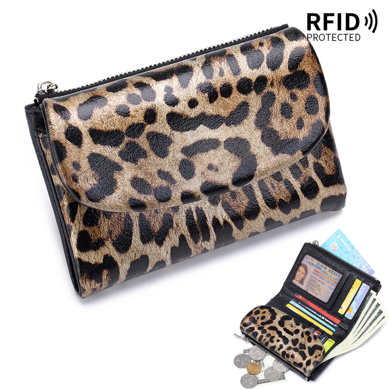 Леопардов принт RFID портфейл – кожа от първи слой телешка, дамски клъч с голям капацитет