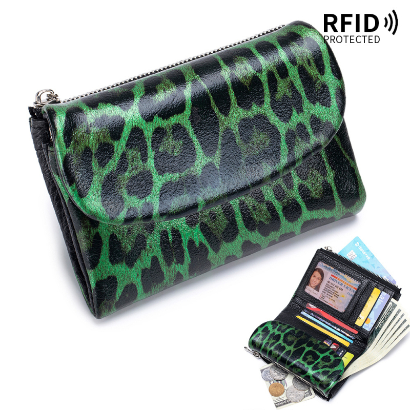 Леопардов принт RFID портфейл – кожа от първи слой телешка, дамски клъч с голям капацитет
