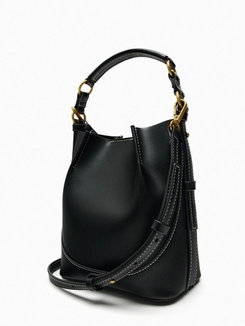 Γυναικεία PU κυλινδρική τσάντα τύπου κουβά, με καμβά επένδυση, φερμουάρ, διπλοί ιμάντες