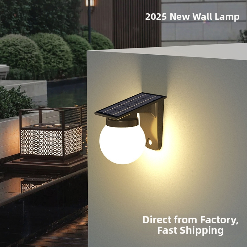 Solárna guľová vonkajšia nástenná lampa IP65, LED zdroj, 2,7W, 6V, prevádzka 6–12 hodín